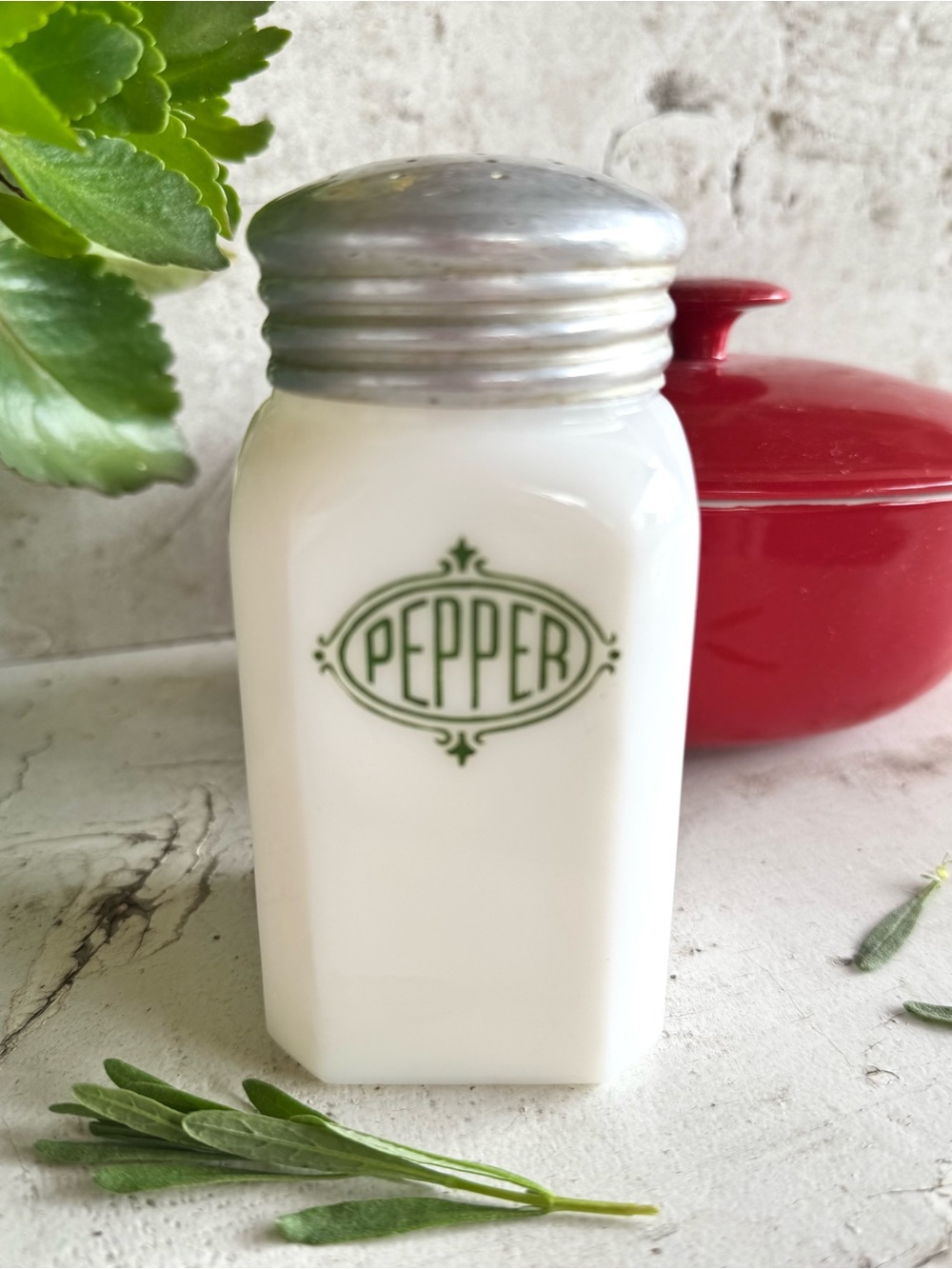 Vintage Hazel-Atlas White Milk Glass Pepper Shaker w/Aluminum Lid